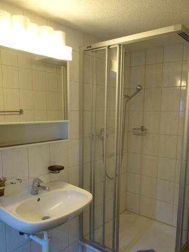 a bathroom with a sink and a glass shower at Royal Swiss Apartments in Ringgenberg