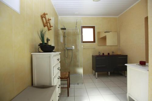 a bathroom with a shower and a sink at Gite linstant rêvé in Labesserette