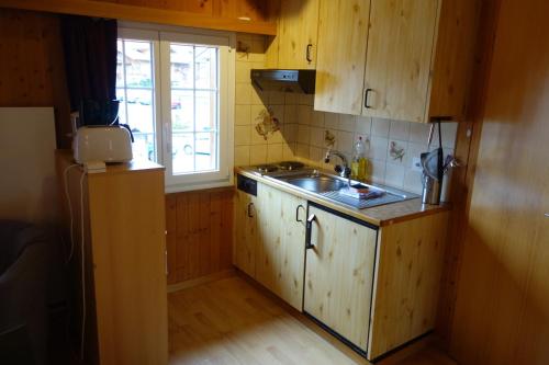 a kitchen with wooden cabinets and a sink and a window at Royal Swiss Apartments in Ringgenberg