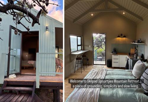 two pictures of a house with a kitchen and a bedroom at Off grid cabin for 2 in the Langkloof in Kareedouw