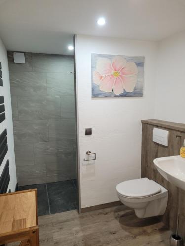 a bathroom with a toilet and a sink at Ah Helledahls in Weyer