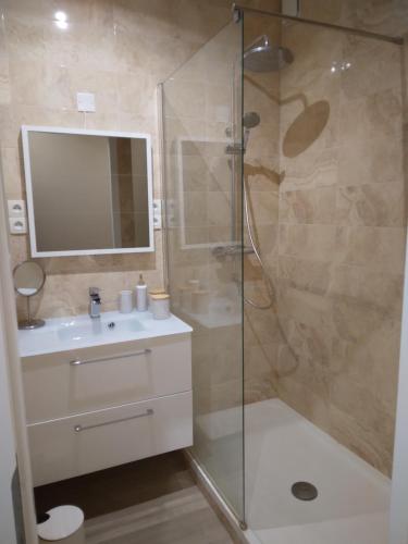 a bathroom with a shower and a sink and a mirror at Parfums de Monet in Saint-Illiers-le-Bois