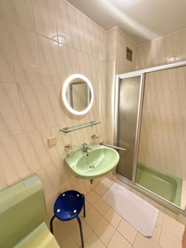 a bathroom with a green sink and a shower at Leo's Pension in Bad Schallerbach