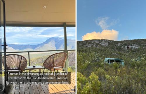 two pictures of a room with a view of a mountain at Off grid cabin for 2 in the Langkloof in Kareedouw