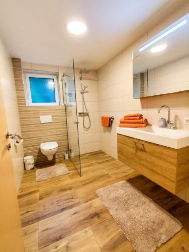 a bathroom with a shower and a sink and a toilet at Sonja´s Ferienwohnung in Patergassen