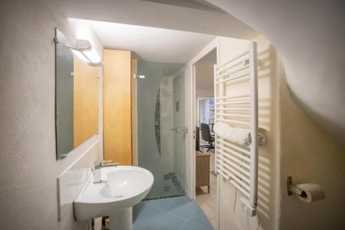 a white bathroom with a sink and a shower at La suite d'Amanda-wifi-jardin NO KITCHEN in Villefranche-de-Rouergue
