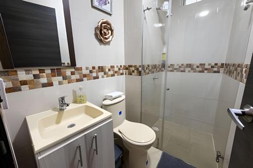 a bathroom with a toilet and a sink and a shower at hermoso apartasuite con la mejor ubicación in Cartago