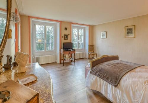 a bedroom with a bed and a table and a tv at Maison de Charme a Rémy in Rémy