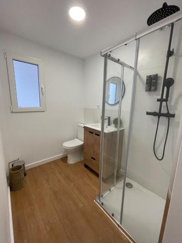 a bathroom with a toilet and a glass shower stall at Apartaments Montseny in Girona