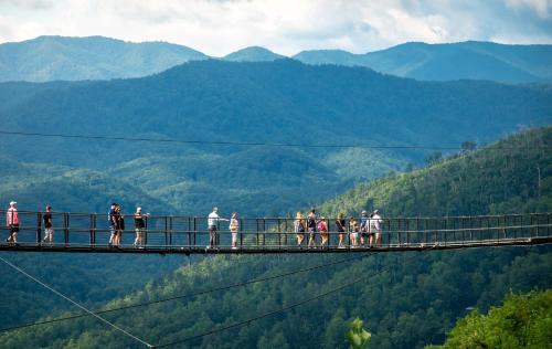 people walking on a suspension bridge in the mountains at Bear Cub Retreat in Gatlinburg