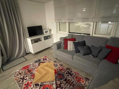 a living room with a couch and a tv at Chalet in natuurlijke omgeving in Heel