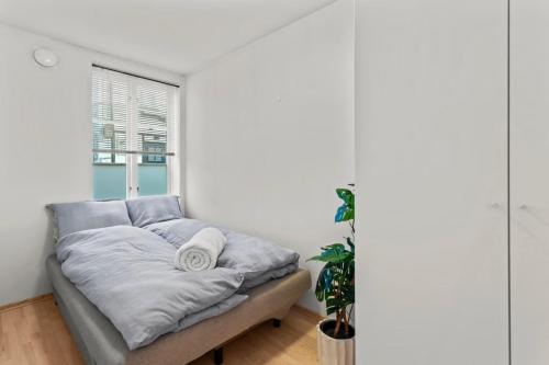 a couch in a white room with a window at Harmony apartments - Stavanger sentrum in Stavanger