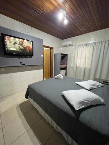 a bedroom with a bed and a flat screen tv at Hotel Germânia Nova Veneza in Nova Veneza