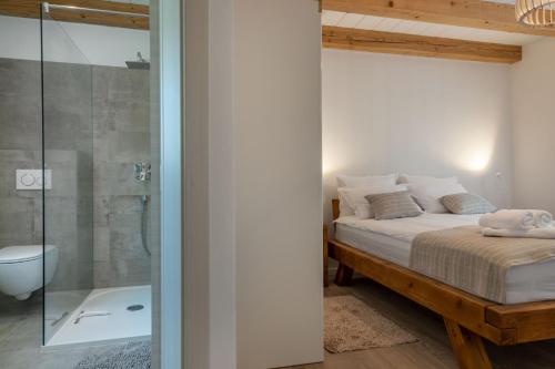 a bedroom with a bed and a glass shower at Villa Gino in Pazin