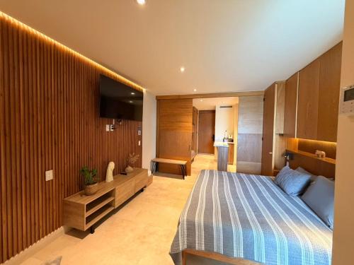 a bedroom with a bed and a television on a wall at Luxurious apartment in cruz de huanacaxtle with covered parking in Cruz de Huanacaxtle