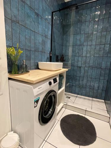 a washing machine in a bathroom with a sink at Hubane korter Kiviõlis in Kiviõli