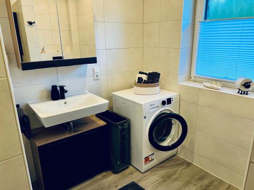 a bathroom with a washing machine and a sink at Barrierefreie Ferienwohnung Abendrot in Pewsum, 1 - 4 Personen in Krummhörn