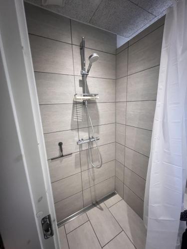 a bathroom with a shower with a glass door at House with a lovely location in Børkop
