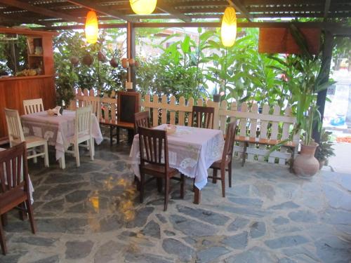 a restaurant with two tables and chairs and plants at Golden Lotus Place in Luang Prabang