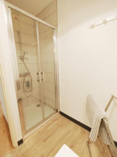 a bathroom with a shower with a glass door at Les Gîtes d'Altaïr - La Petite Ourse in Tarascon-sur-Ariège