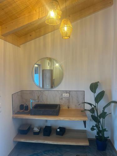 a bathroom with a vanity and a mirror at Mein Haus am See in Waldkirchen
