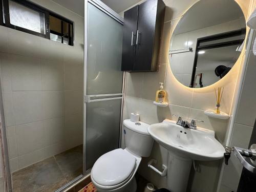 a bathroom with a toilet and a sink and a mirror at 202 Apartaestudio Edificio Natura 54, cercano Centro Comerciales in Ibagué