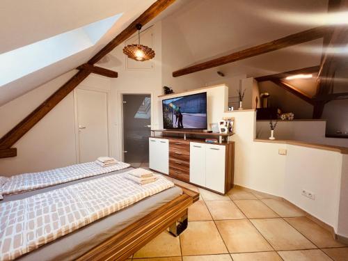 a bedroom with a bed and a flat screen tv at Groasmückle Apartment in Tauberbischofsheim