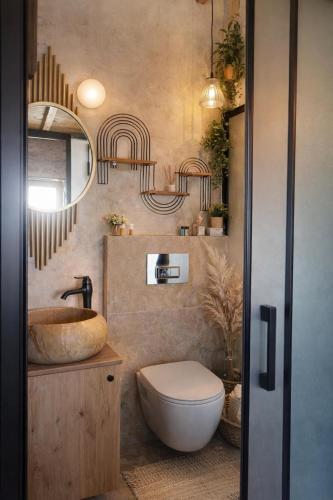 a bathroom with a toilet and a sink and a mirror at FİNTOZ BUTİKA New in Karaburun