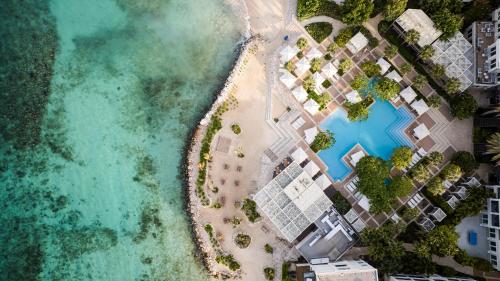an aerial view of the beach and the ocean at Curaçao Marriott Beach Resort in Willemstad