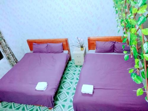two beds in a room with purple sheets at Beautiful Homestay Sapa in Sapa