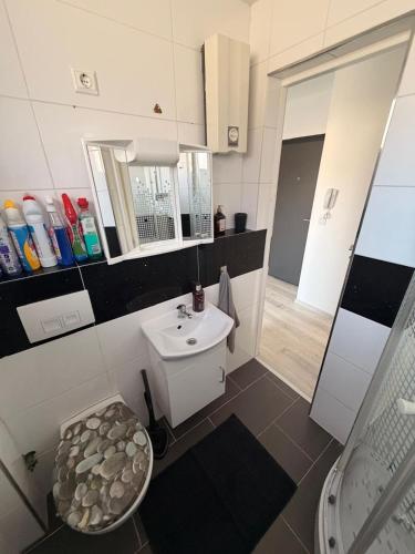 a small bathroom with a sink and a toilet at Kleines Appartment mit großer Terrasse in Herscheid