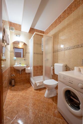a bathroom with a toilet and a sink and a washing machine at Apartmani Kaštel in Stara Novalja