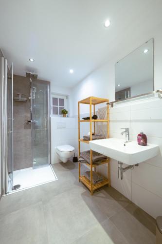 a bathroom with a sink and a shower and a toilet at Modernes Altstadt-Juwel in Buchen
