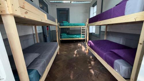 two bunk beds in a room with purple beds at hostel family in Santiago