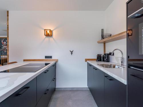 a kitchen with gray cabinets and a white wall at Bergzicht 2B in Sankt Lorenzen ob Murau