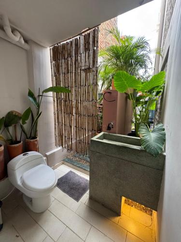 a bathroom with a toilet and some potted plants at Casa EMMA Girardot in Girardot