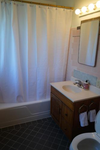 a bathroom with a sink and a shower curtain at East Side Beach House in Santa Cruz