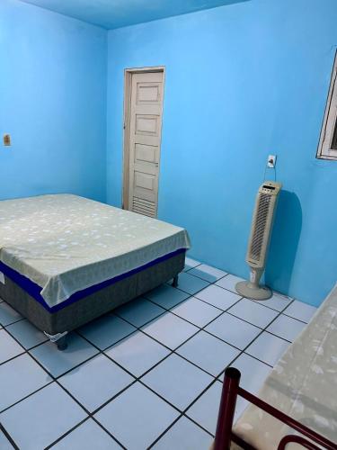 a blue bedroom with a bed and a radiator at Caruaru house in Caruaru