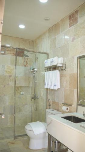 a bathroom with a shower and a toilet and a sink at IT Farm Resort in Rizal
