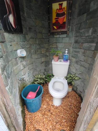 a bathroom with a toilet in a stone wall at Reggae Vibes De Romblon in Agpanabat