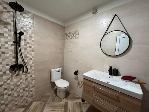 a bathroom with a toilet and a sink and a mirror at Delight House in Samokov