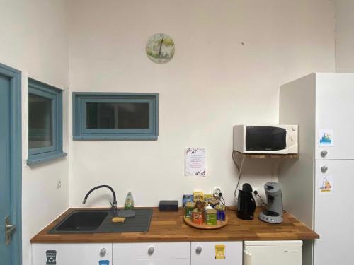 a kitchen with a counter with a sink and a microwave at Logis des Lauriers Roses in Marennes