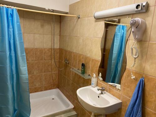 a bathroom with a sink and a shower at Holló Vendégház in Szögliget