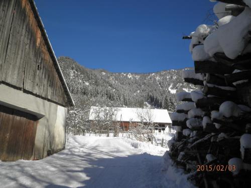 a snow covered house with a building and a mountain at Almurlaub Buchebnerreith, Ferienwohnungen in Hinterstoder