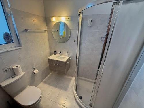 a bathroom with a shower and a toilet and a sink at Casa Fountain Villa in Kolymbia