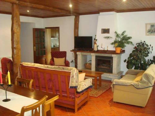 a living room with a couch and a fireplace at Casa da Benda in Caniçada