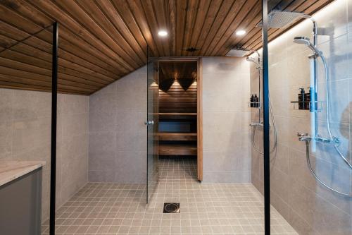 a bathroom with a shower and a walk in shower at Lapland Lakeside Villa in Ranua