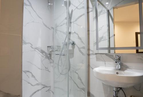 a bathroom with a sink and a shower at Aero Hotel in Issy-les-Moulineaux