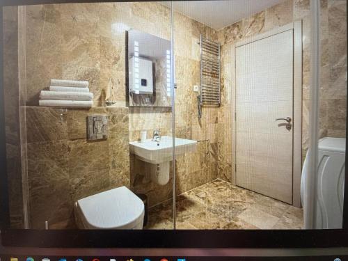 a bathroom with a toilet and a sink and a shower at Przno central seaside in Pržno