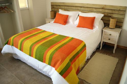 a bedroom with a large bed with a colorful blanket at Apart Hotel Endurance in Punta Arenas